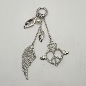 Silver Tone Angel Wing Peace Heart Leaf Faux Pearl Rhinestone Charm Pendant